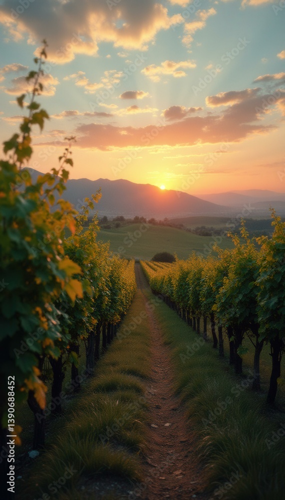 Poster serene vineyard landscape at sunset with rows of grapevines and distant hills