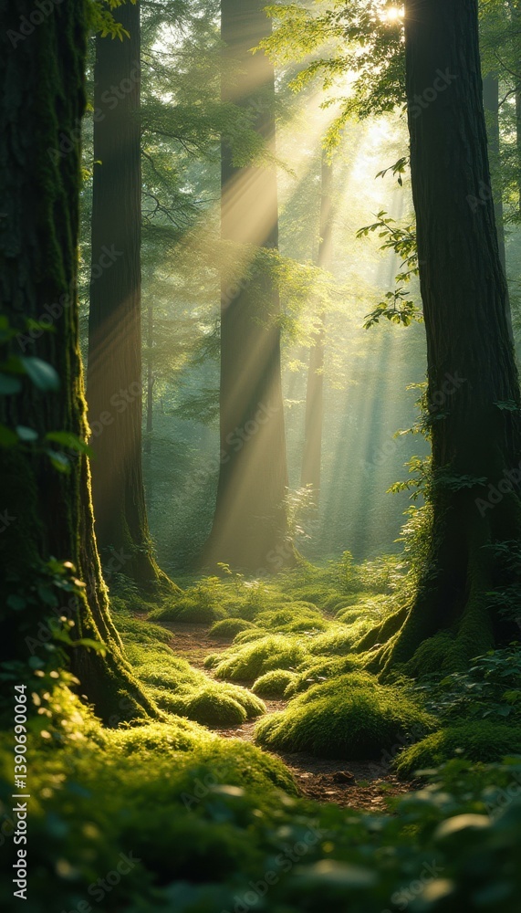 Poster Tranquil forest path bathed in golden sunlight filtering through tall trees, creating a serene and magical atmosphere with lush green moss