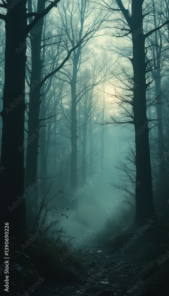Poster path into mystery: ethereal forest landscape with fog and silhouette trees