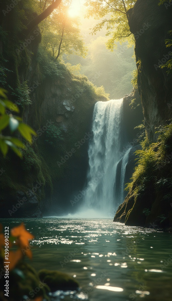 Poster waterfall cascading into a pool surrounded by lush greenery and rocks, bathed in sunlight.