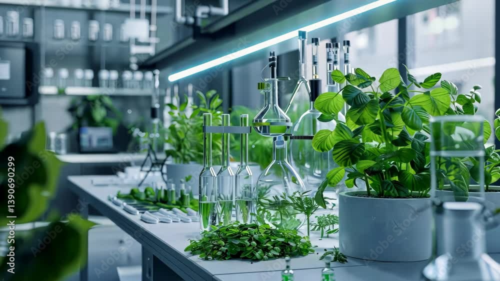 Poster lab with many plants and bottles on a table