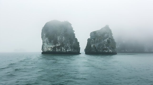Two large rock formations rising from the ocean under a thick layer of fog and overcast sky scenery .