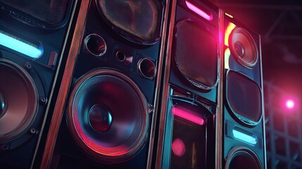 Retro Stereo System Speakers Neon Lights Vibrant Pink Blue Purple Audio Equipment Vintage Music Technology Powerful Bass Sound System High Fidelity Audiophile Grade Speakers Impressive Design Stylish 