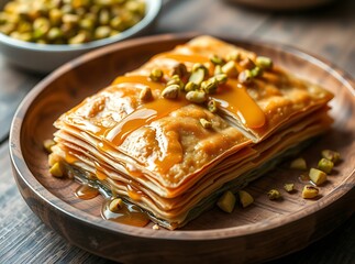 Golden baklava with pistachios and honey syrup on wooden plate dessert