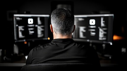 A focused individual working intently at dual computer monitors in a dimly lit office, representing the essence of remote work and the digital age.