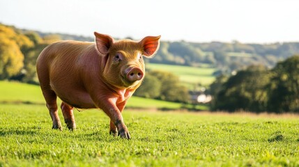 Pig walking in grassy field, rural landscape background