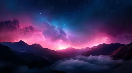 Breathtaking view of a cosmic landscape featuring colorful clouds and illuminated mountains. A celestial experience that showcases the beauty of nature under a starry sky.