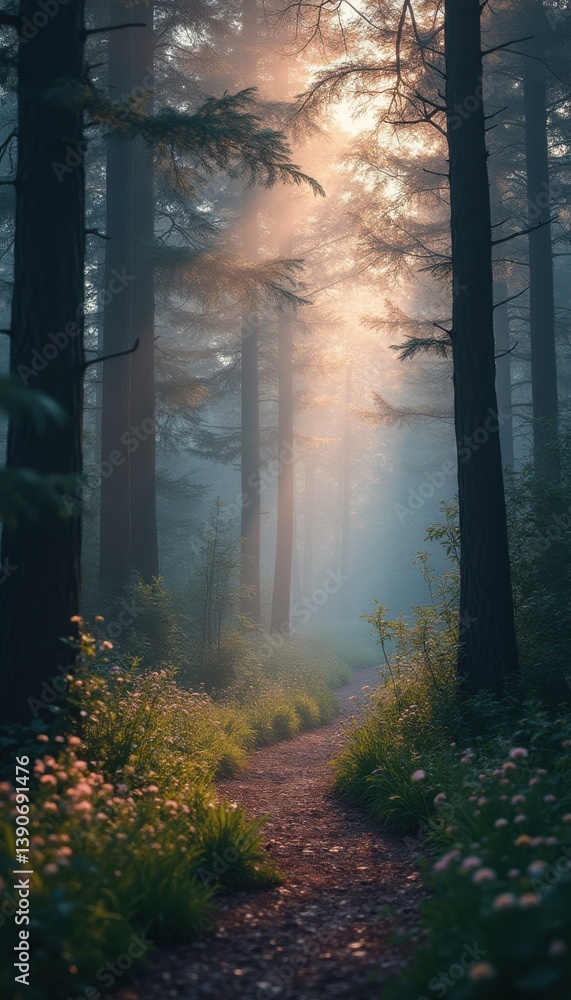 Aufkleber Sunlight filters through a misty forest path lined with wildflowers, creating a serene and ethereal atmosphere.