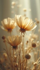 Obraz premium Ethereal Still Life: Close-Up of Dried Cream Cosmos Flowers in Soft, Dreamy Light with Gentle Bokeh