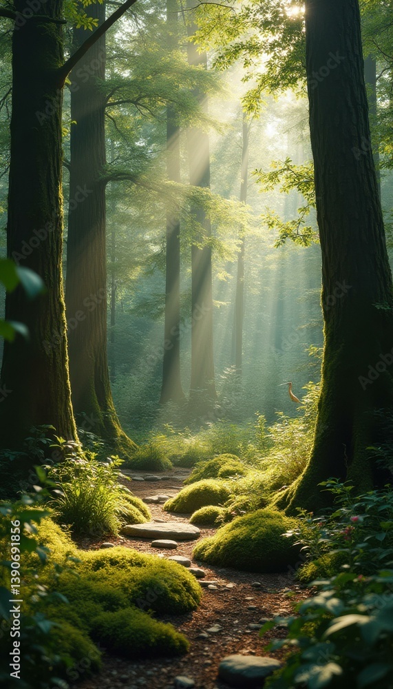 Poster Sunlit Path Through a Lush Forest with Moss-Covered Trees and Gentle Light Rays