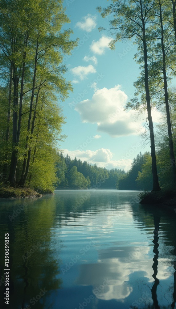Aufkleber tranquil lake surrounded by lush green forest under a partly cloudy sky, reflecting trees and clouds