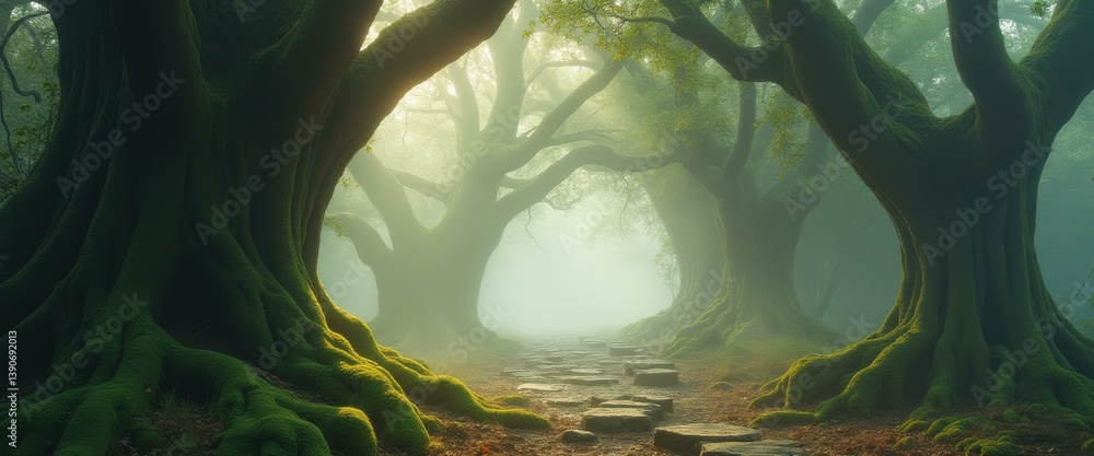 Poster Mystical Forest Path with Ancient Moss-Covered Trees and Ethereal Light Guiding the Way