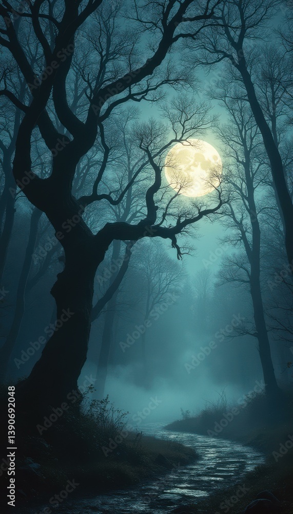 Poster A Serene Moonlight Path Through a Mystical Forest with Towering Trees