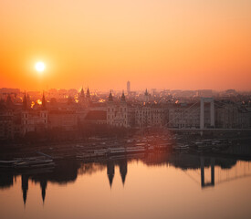 Sunrise Over Budapest with Elisabeth Bridge and Church Reflections in the Danube River