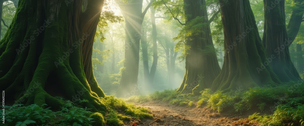 Poster Sunlight filtering through an ancient forest path, illuminating moss-covered trees and creating an enchanting atmosphere.