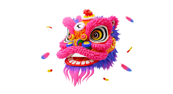  vibrant and energetic Chinese lion dance head, captured from a dynamic angle, showcasing its bright colors and intricate details, a symbol of festive cultural traditions.