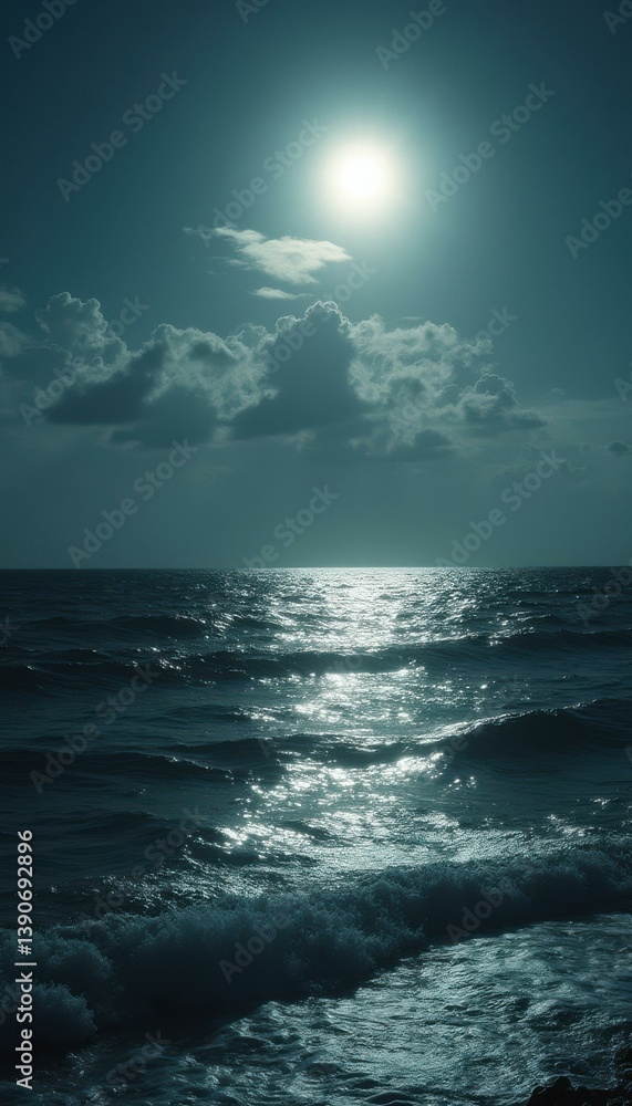Aufkleber tranquil ocean waves shimmering under a bright sun, with soft clouds adding depth to the clear sky