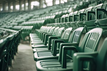 Empty Stadium Seating: An empty stadium captured from a lower vantage point showcasing neat rows of empty green stadium seating. Capturing a sense of anticipation, space, and geometry.