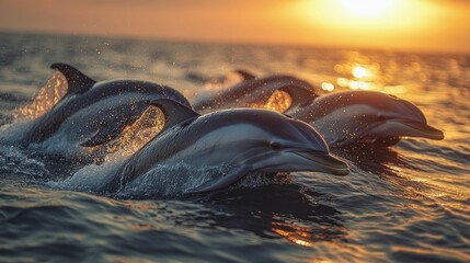 Obraz premium Group of dolphins swimming gracefully at sunset over calm ocean waters, creating a serene atmosphere