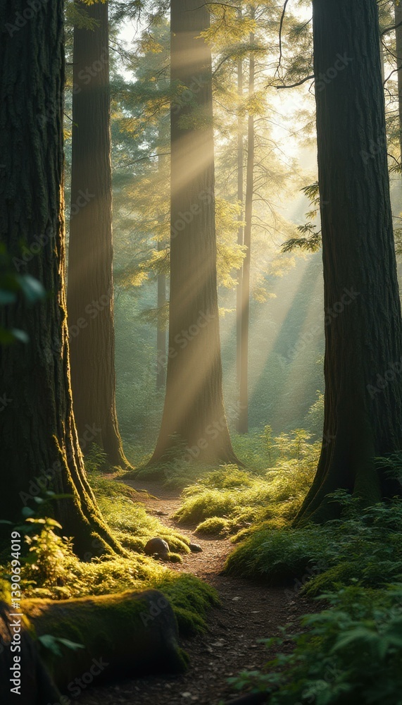 Aufkleber sunlight filtering through tall trees creates a mystical and peaceful atmosphere in a lush, green fo
