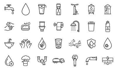 Outline icon set for clean water and sanitation. Editable stroke, modern and minimal design.