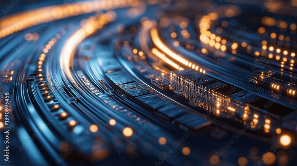 Aufkleber close-up of electronic microchip on a luminous circuit board with detailed connections