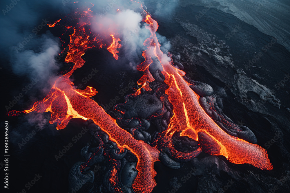 Wall mural volcano eruption from a bird view. volcano crater and magma flow shot from above. genertated ai.