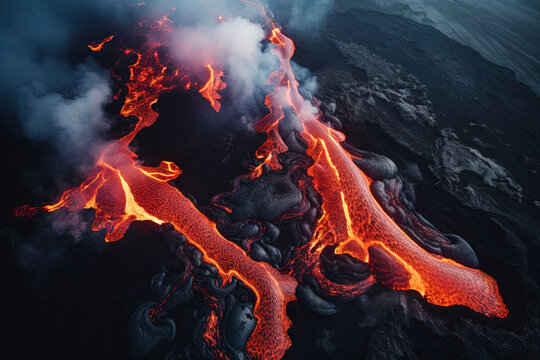 Volcano eruption from a bird view. Volcano crater and magma flow shot from above. Genertated AI. - Powered by Adobe