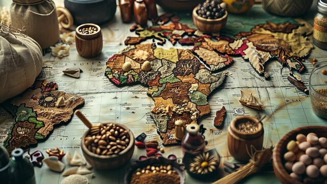 Map of Africa is on a table with various items such as bowls, a spoon