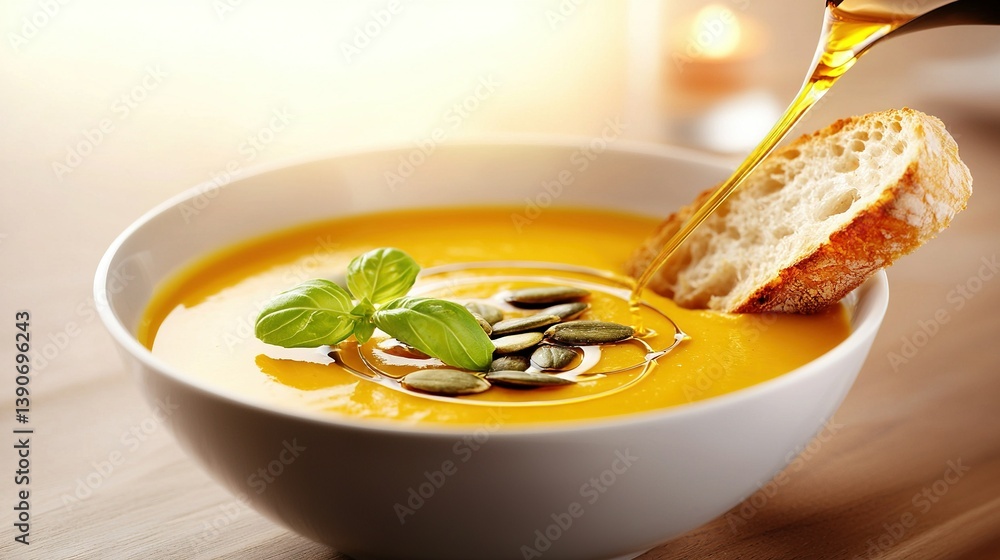 Poster a close-up of a bowl of soup with a spoon and a slice of bread next to it