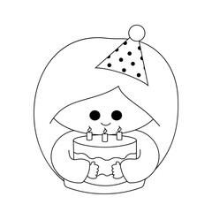 Cute doll girl with birthday cake in black and white