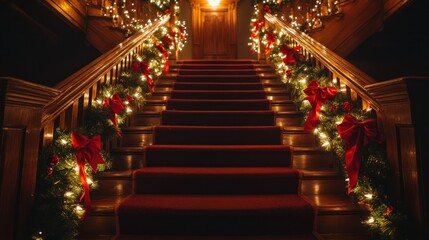 Obraz premium Ornate Christmas Staircase, Elegant Holiday Decor, Mansion Interior