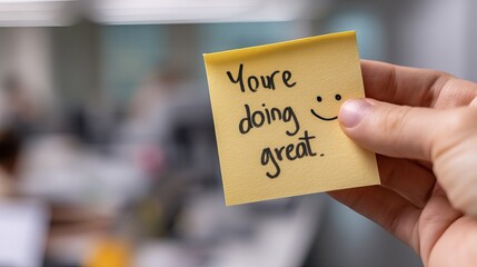 Encouragement Note Yellow Sticky Note Positive Message Doing Great Handheld Motivational Success Achievement Workplace Inspiration Positive Vibes Good Job Well Done Excellent Work Teamwork Support    