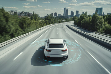 Automated Driving in the City: A sleek white car navigates a modern highway, showcasing advanced autonomous driving technology against a vibrant urban backdrop.