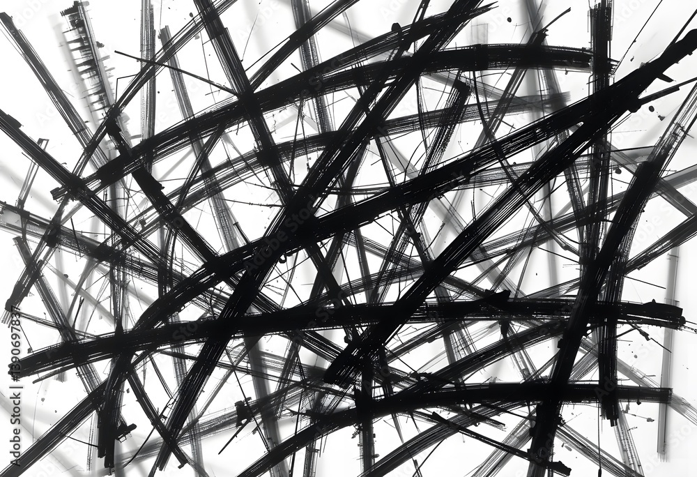 Fototapete dynamic black lines on white background, abstract strokes create motion, energy in chaotic compositi