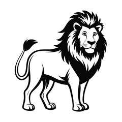 Majestic Lion in Monochrome: A regal lion with a lush mane stands in a commanding pose, its presence exuding strength and authority, captured in striking black and white monochrome.