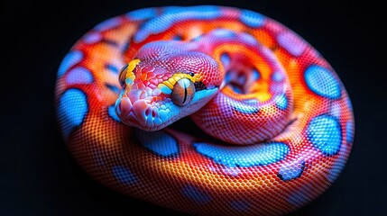Obraz premium Colorful close-up of a vibrant snake coiled on a dark surface, showcasing its unique patterns and colors