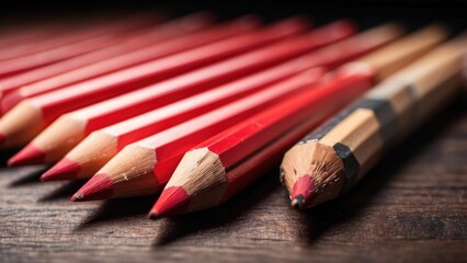 A close-up of several red and black pencils arranged in a diagonal line