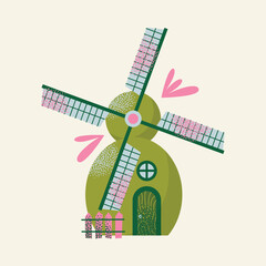 Set of windmills and countryside houses with floral and tree element isolated on background. Flat vector illustration in cartoon style. Rural landscape and village architecture concept