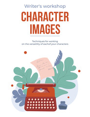 Vector illustration on the theme of writing, copywriting. Typewriter, inkwell, quill, letter, text on light background. Set of banners, flyers, posters