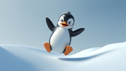 Obraz premium Cheerful Cartoon Penguin Dancing Joyfully on a Snowy Slope with a Clear Blue Sky Background