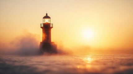 Majestic Lighthouse at Sunrise through Frozen Sea Fog