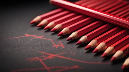 A close-up of several red and black pencils arranged in a diagonal line