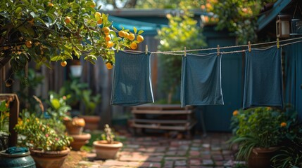 Blue navy T-shirt drying on a clothesline in the backyard
