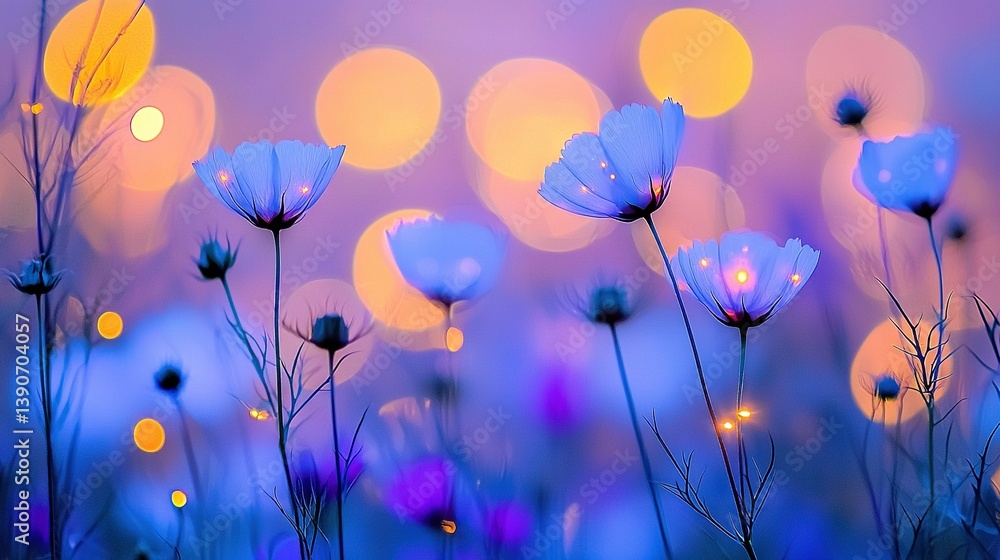 Poster close-up of a group of flowers with fuzzy lights surrounding them and an unfocused sky in the distan