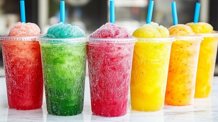 Colorful Assortment of Frozen Fruit Slushies in Clear Plastic Cups