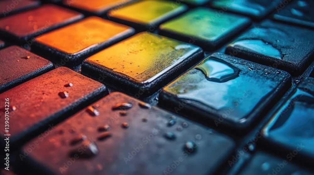 Poster close-up of vibrant, wet tiles reflecting light, creating a colorful abstract pattern