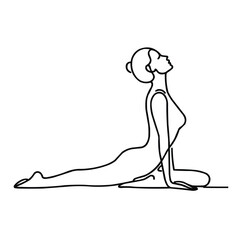 Simple continuous line drawing of yoga pose, drawn in one elegant line &mdash; a minimalist graceful silhouette in an asana on a white background, symbolizing harmony and inner peace.