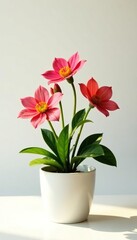 Obraz premium Colorful flowers and leaves in an empty small pot on a minimalist white background with slight warm glow, garden, branch, leafy