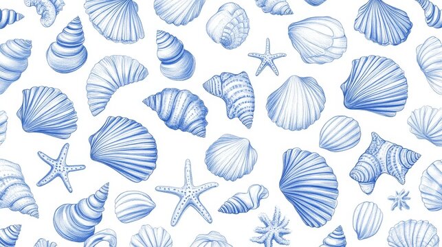 A collection of blue and white seashells and starfish displayed in a striking pattern, showcasing their unique shapes and textures against a light backdrop